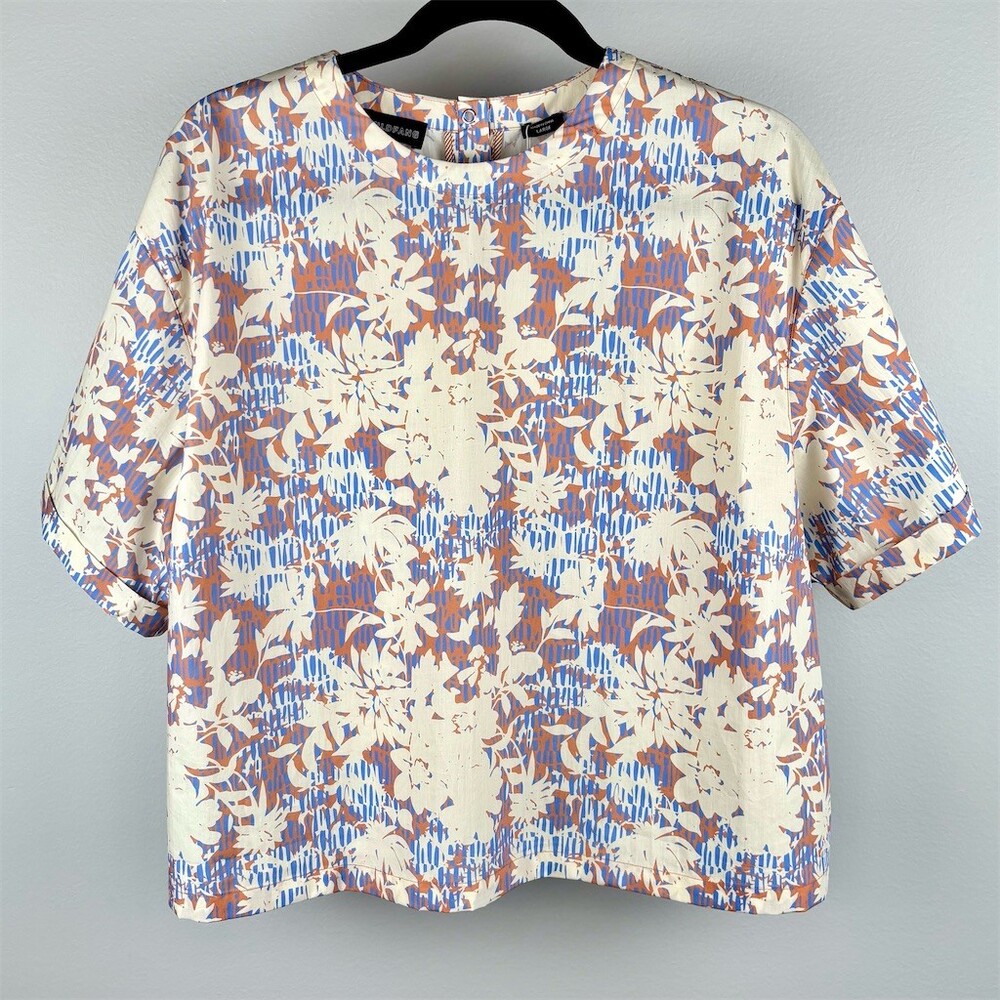 Wildfang Cream Floral Print Boxy Tee with Blue & Tan Accents